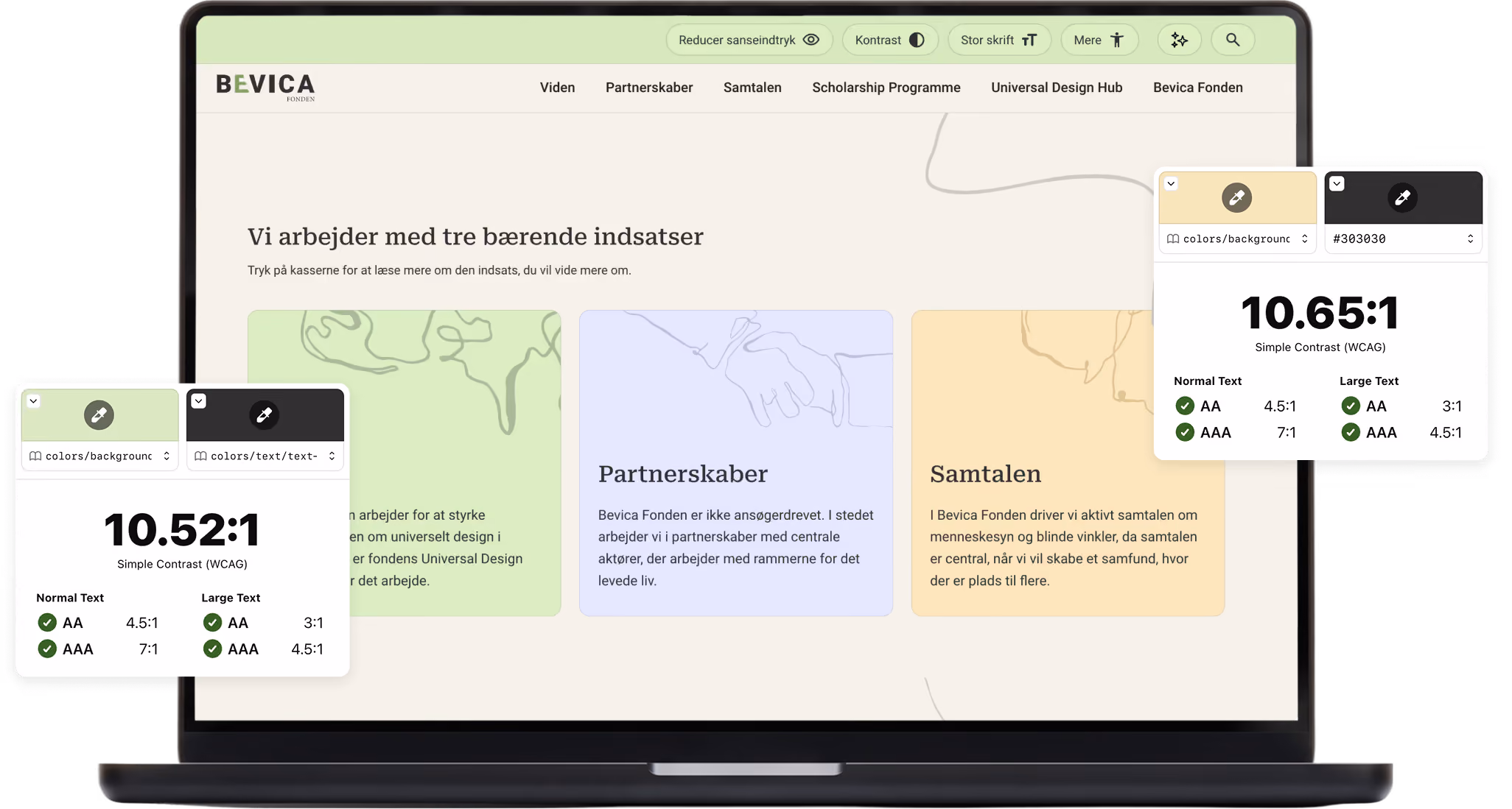 Bevica website with accessibility controls and pastel content cards, overlaid with contrast checks of 10.52:1 and 10.65:1.