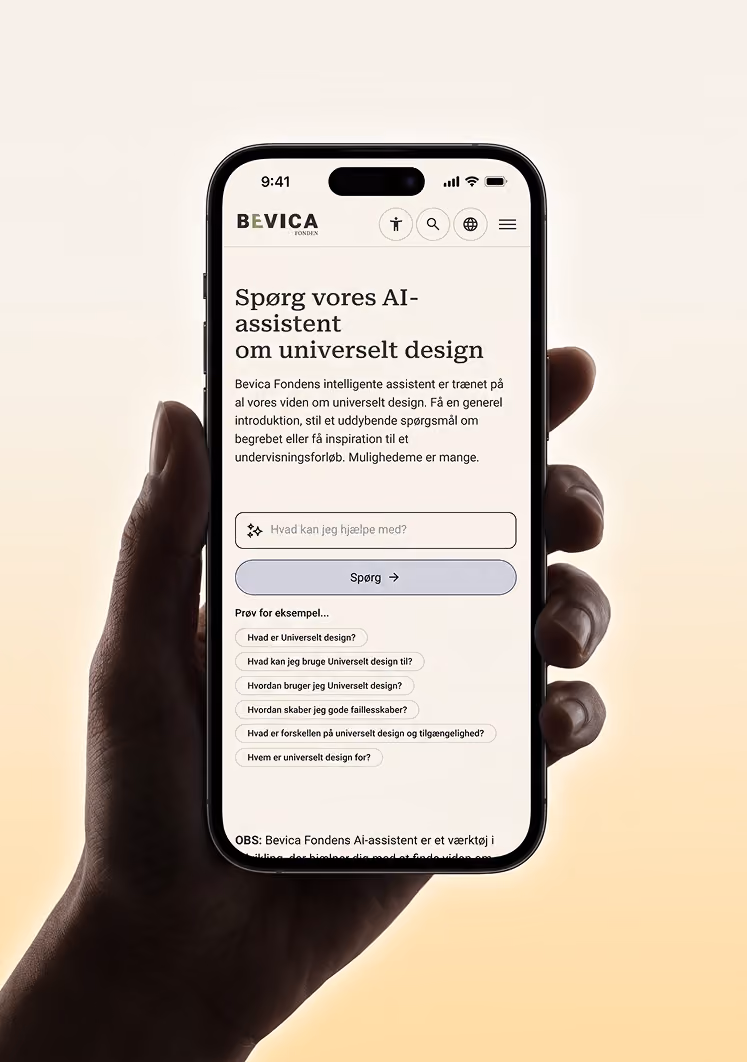 Bevica’s mobile AI assistant for universal design, with a question field and suggested questions.