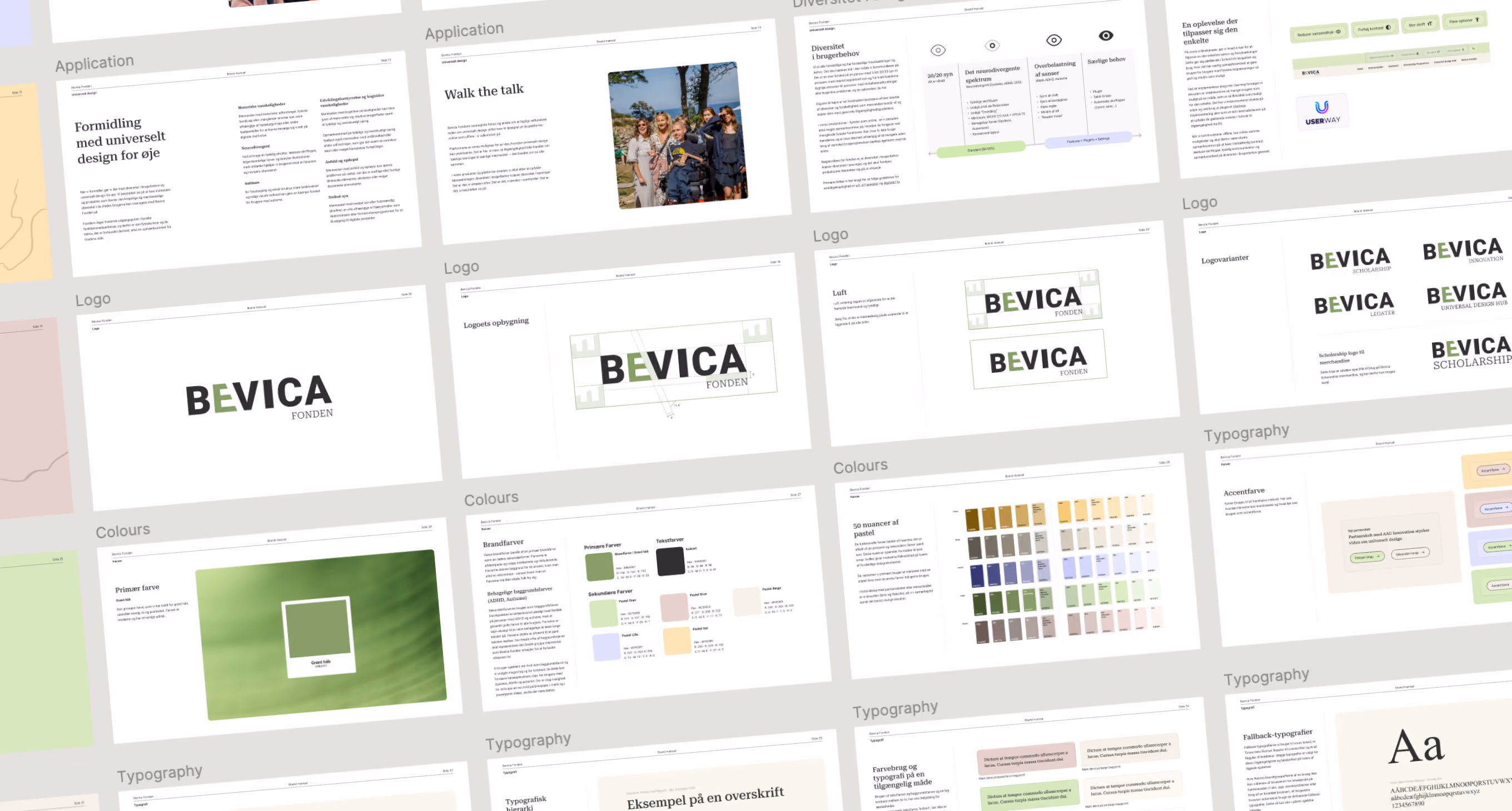 Bevica brand guide overview with logo variations, color palettes, typography, accessibility guidance and example applications.