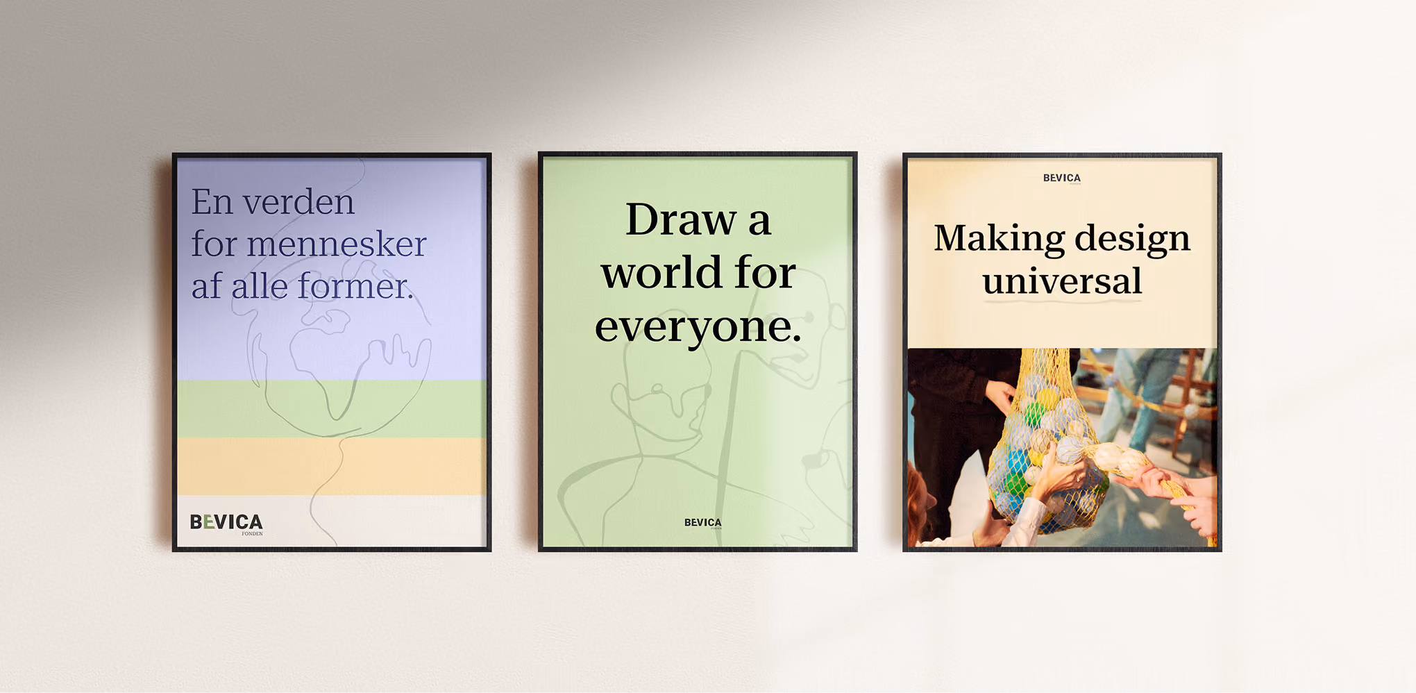 Three Bevica posters combining pastel colors, line illustrations and messages about a world for everyone and universal design.