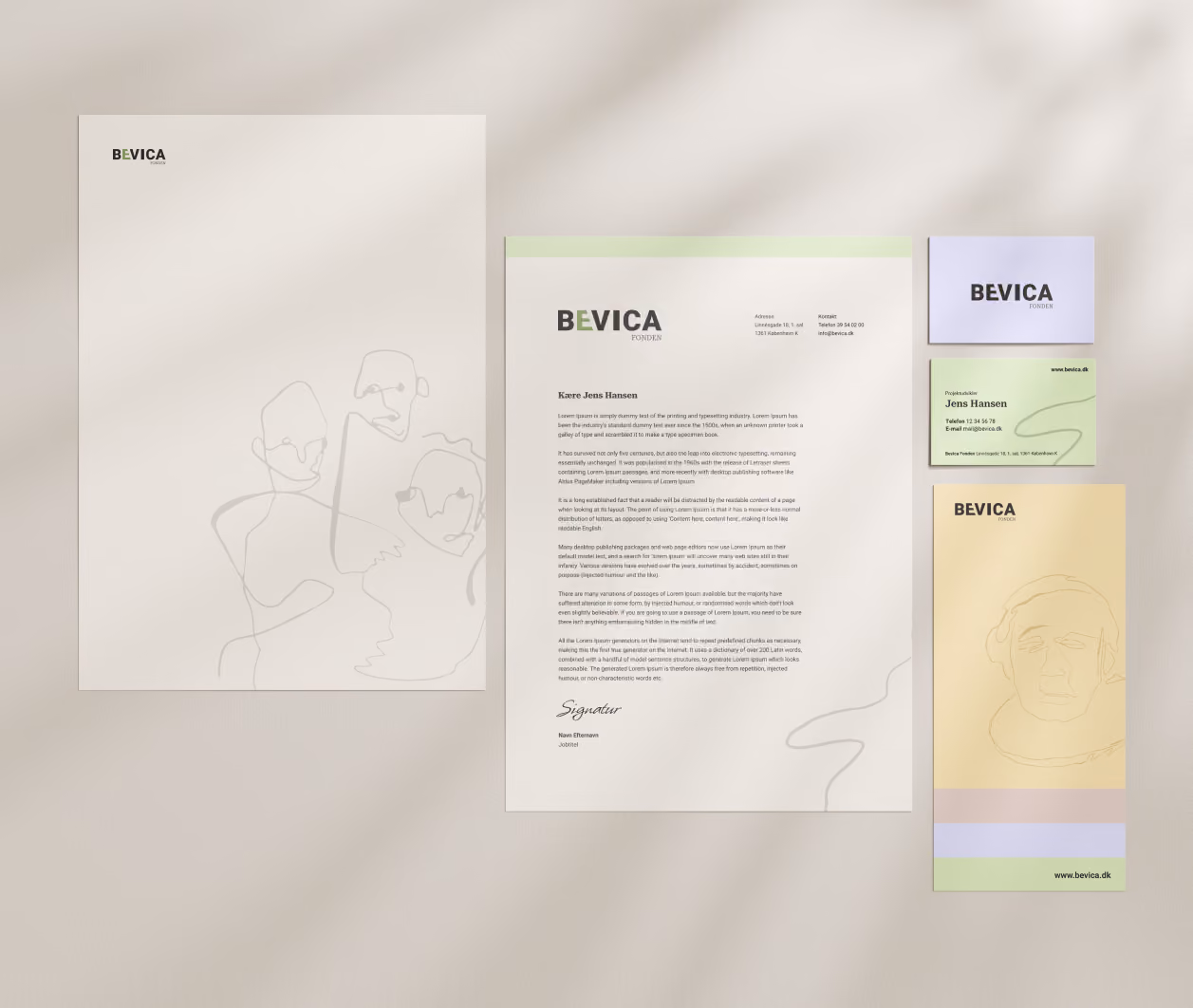 Bevica stationery set with letterhead, business cards and a leaflet using pastel colors and continuous-line portraits.