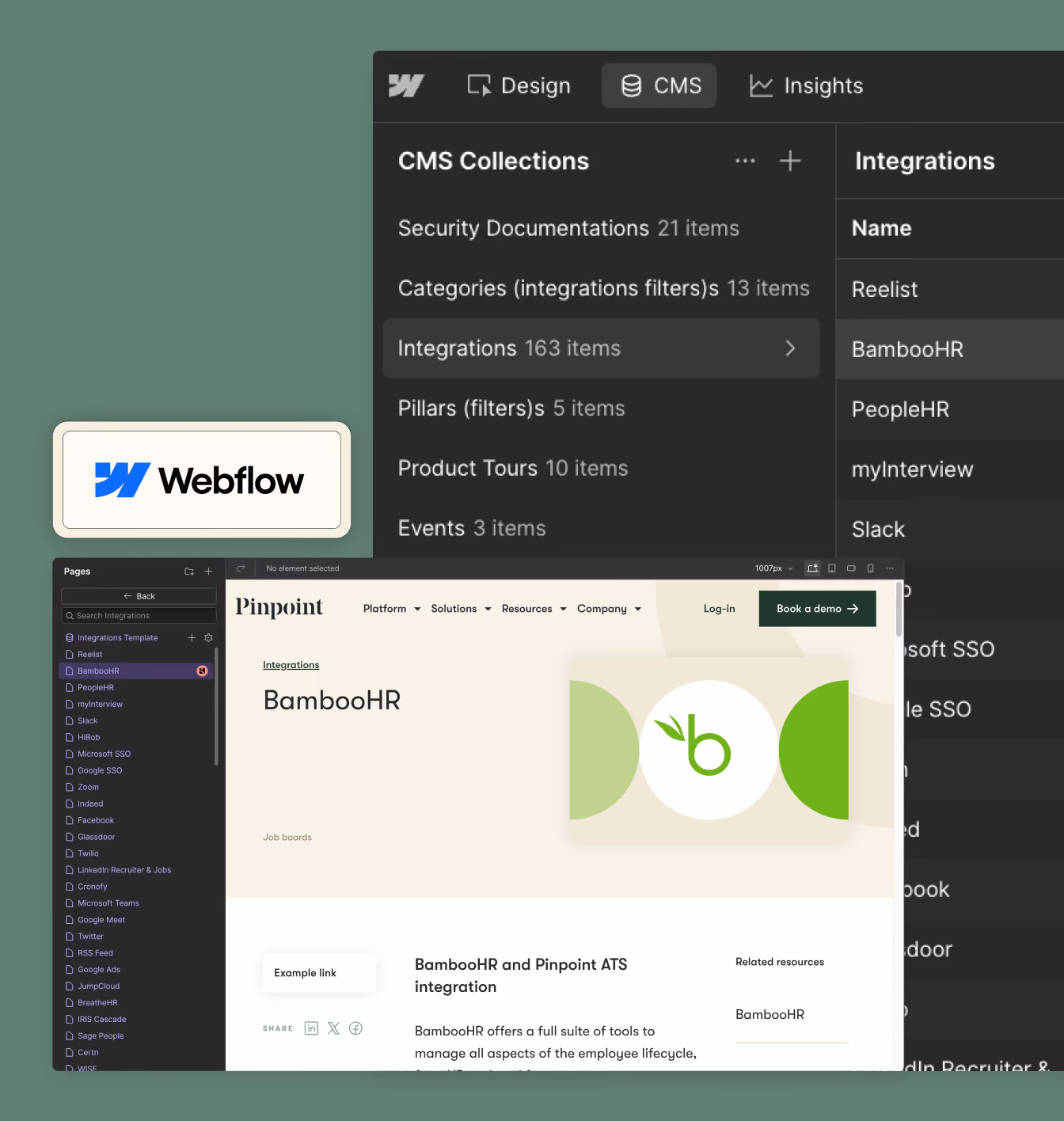 Pinpoint’s Webflow CMS collections and integrations list beside an integration-page preview.