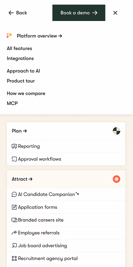 Pinpoint mobile navigation menu with platform links and grouped hiring features.