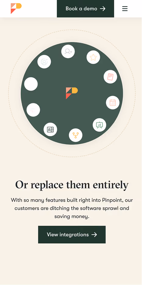 Pinpoint mobile integrations section, with connected app icons and a link to view integrations.