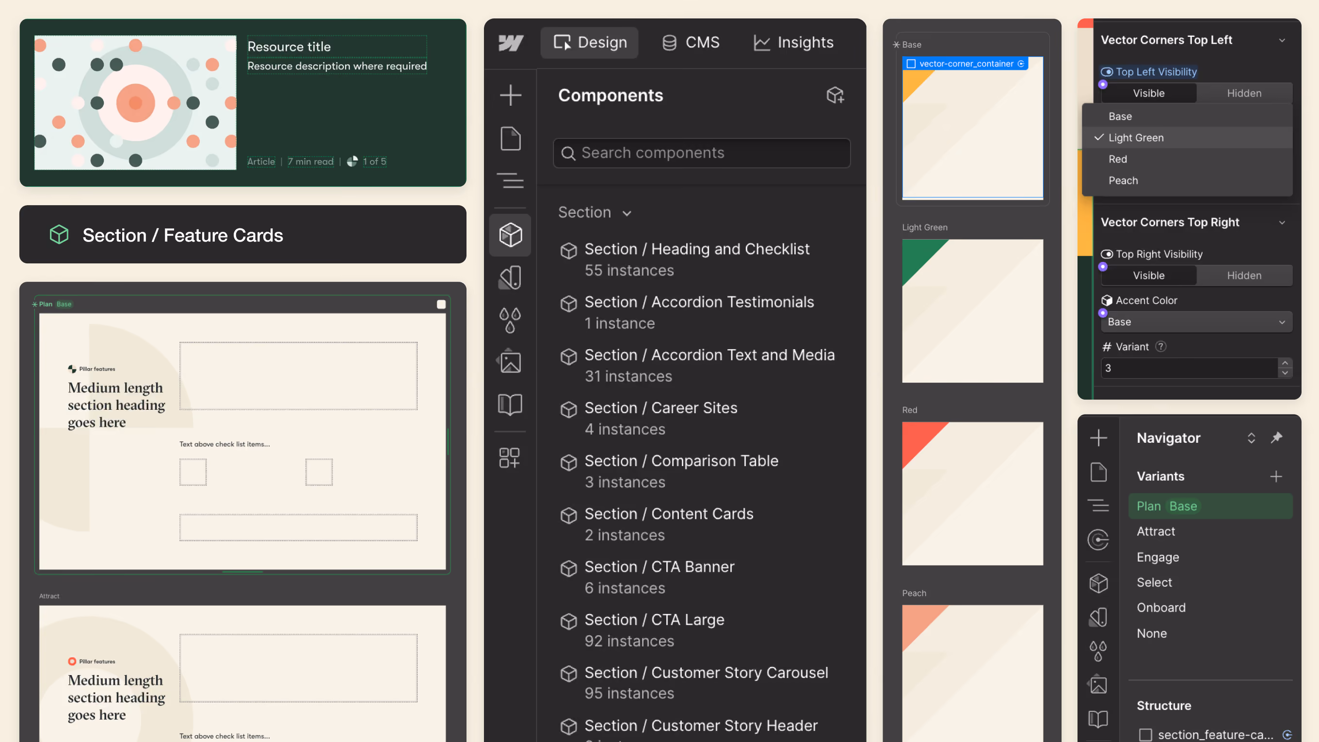 Pinpoint’s Webflow component library showing reusable page sections, feature cards and configurable corner graphics.