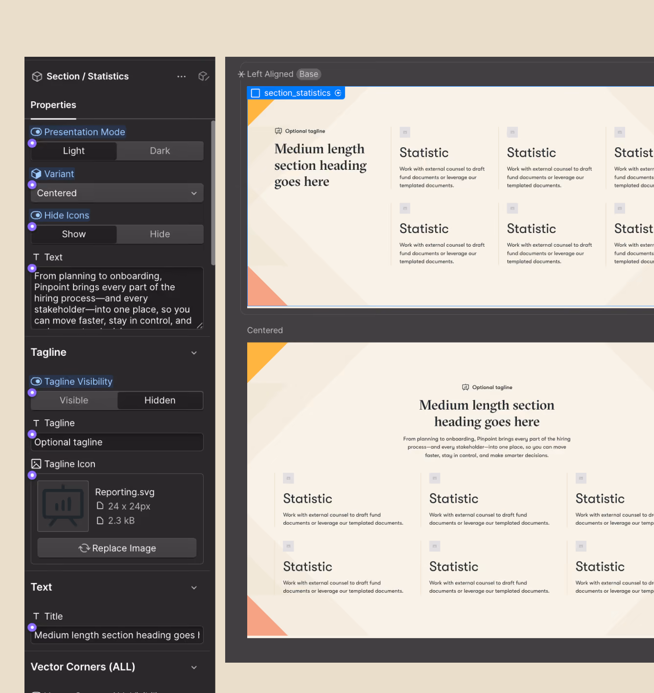 Pinpoint statistics component in Webflow Designer, with editable content, light and dark modes, and layout variants.