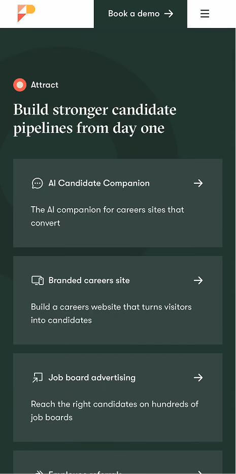 Pinpoint mobile page showing candidate-attraction features, including AI Candidate Companion, branded career sites and job-board advertising.