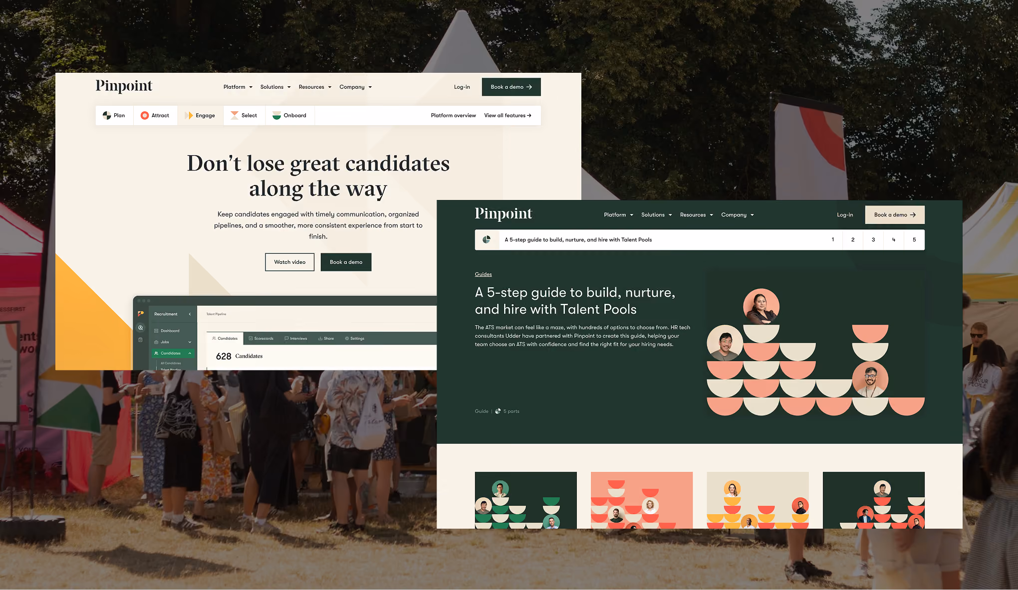 Pinpoint website layouts showing candidate engagement features and a guide to building and hiring with talent pools.