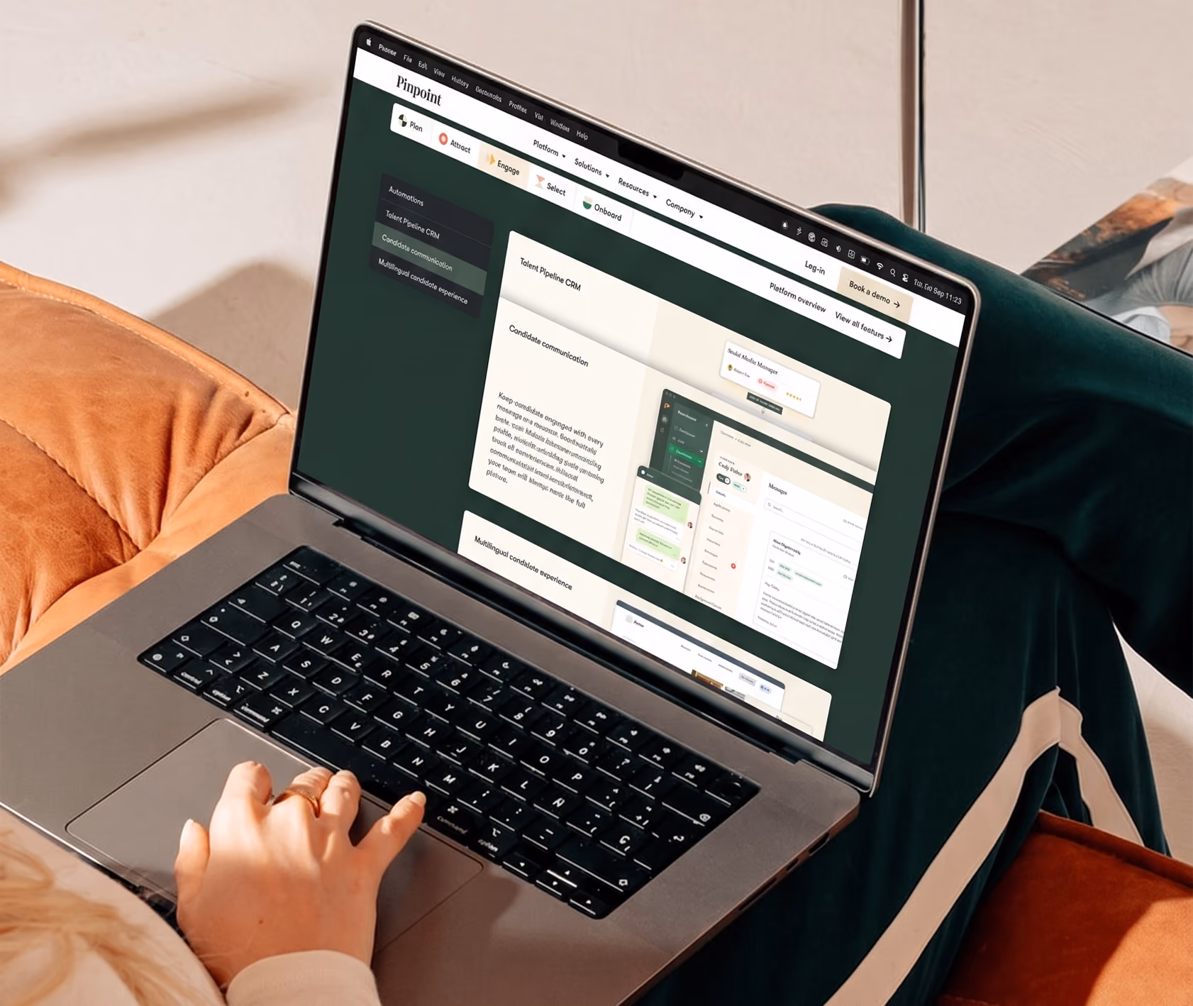 Pinpoint’s talent-pipeline and candidate-communication features displayed on a laptop.