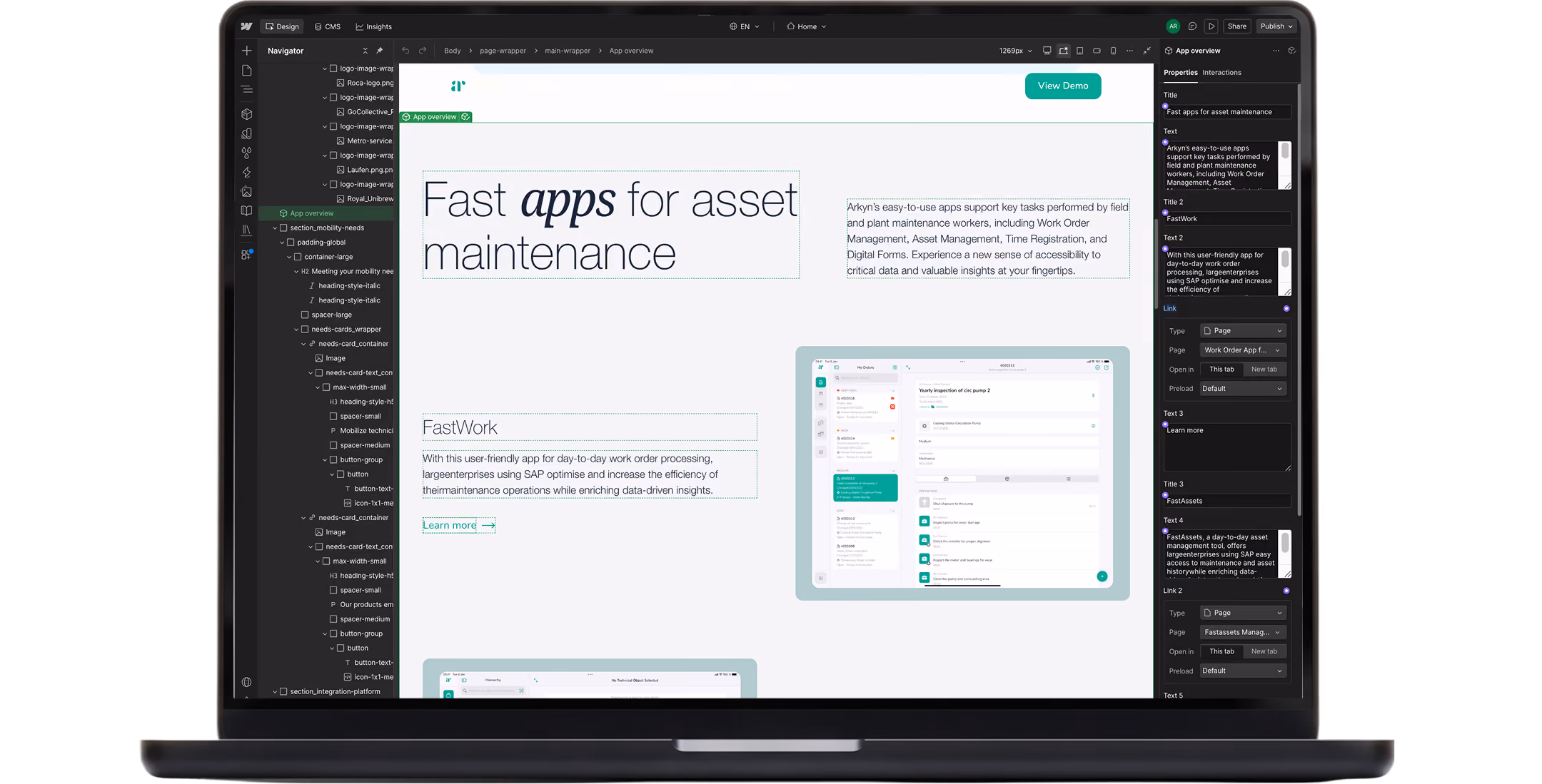 Arkyn’s app overview in Webflow Designer, with editable asset-maintenance copy and a FastWork interface preview.