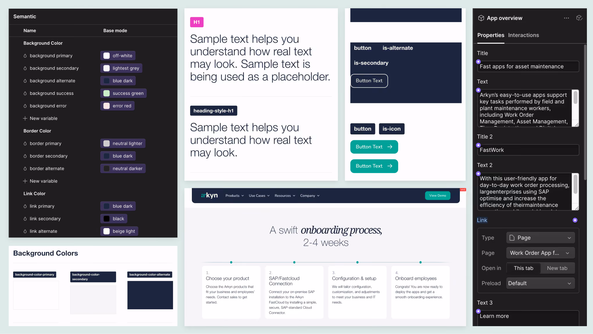 Arkyn’s Webflow design system showing color variables, heading styles, button variants and editable app overview properties.