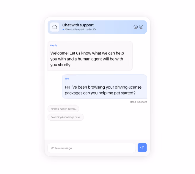 Weply support-chat illustration showing a visitor asking about driving lessons and a welcome message from the support team.