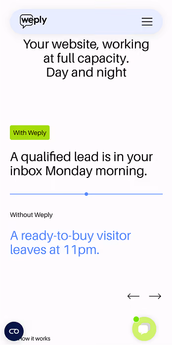 Weply mobile page comparing round-the-clock lead capture with a visitor leaving an unstaffed website.