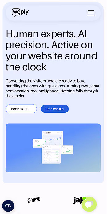 Weply mobile homepage presenting human chat experts supported by AI, with demo and free-trial buttons.