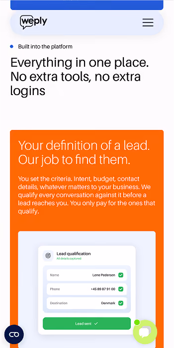 Weply mobile platform page showing its all-in-one service and a lead-qualification interface.