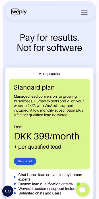 Weply mobile pricing page showing the Standard plan with a monthly subscription and a fee per qualified lead.