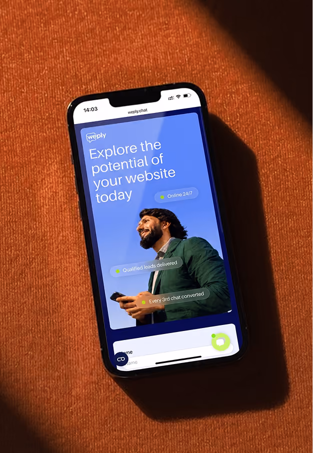 Weply mobile homepage on a phone, with a portrait and callouts for round-the-clock chat and qualified leads.
