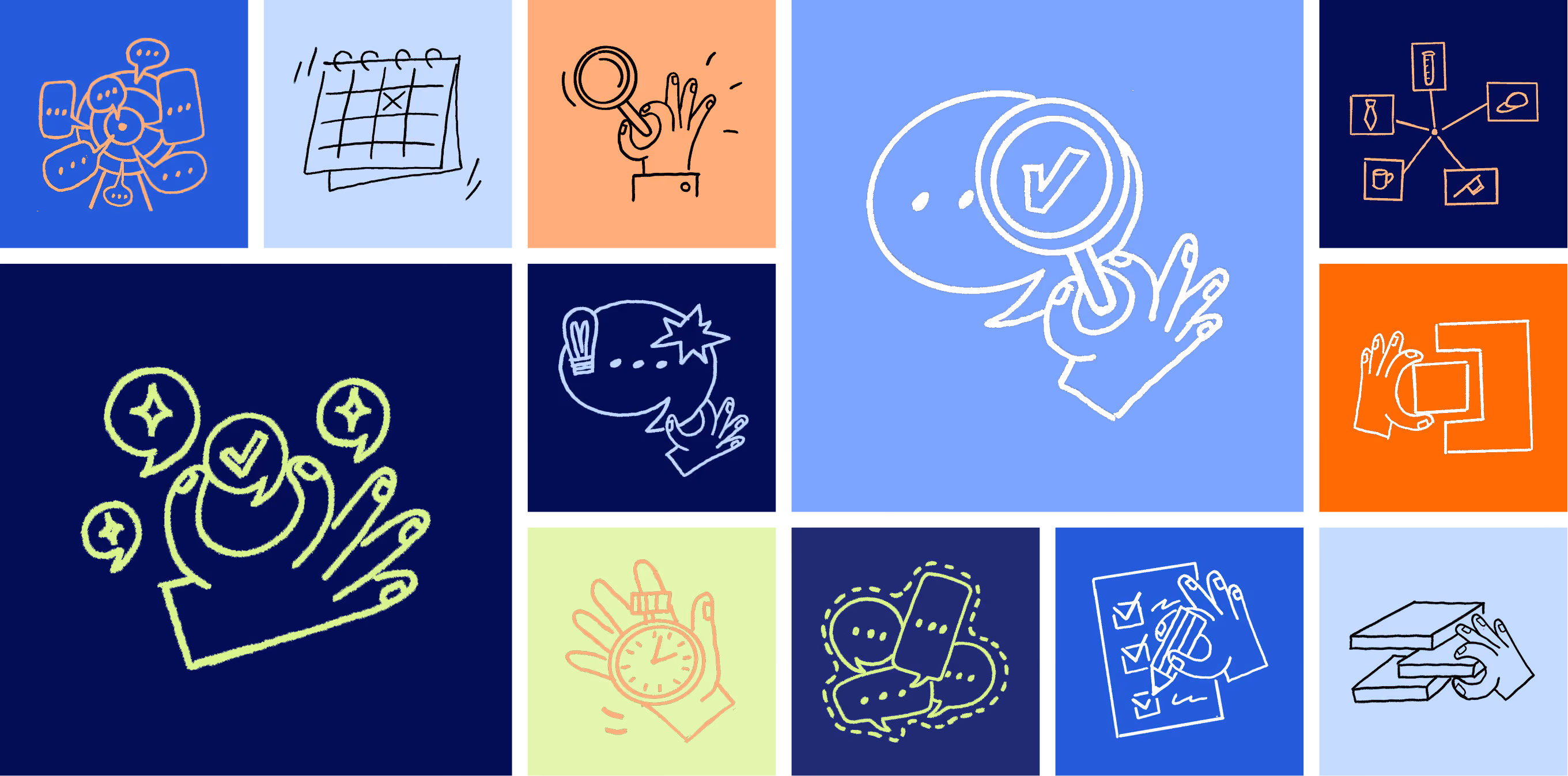 Weply’s hand-drawn illustration set, including chat bubbles, a calendar, a magnifying glass and a network of connected products.