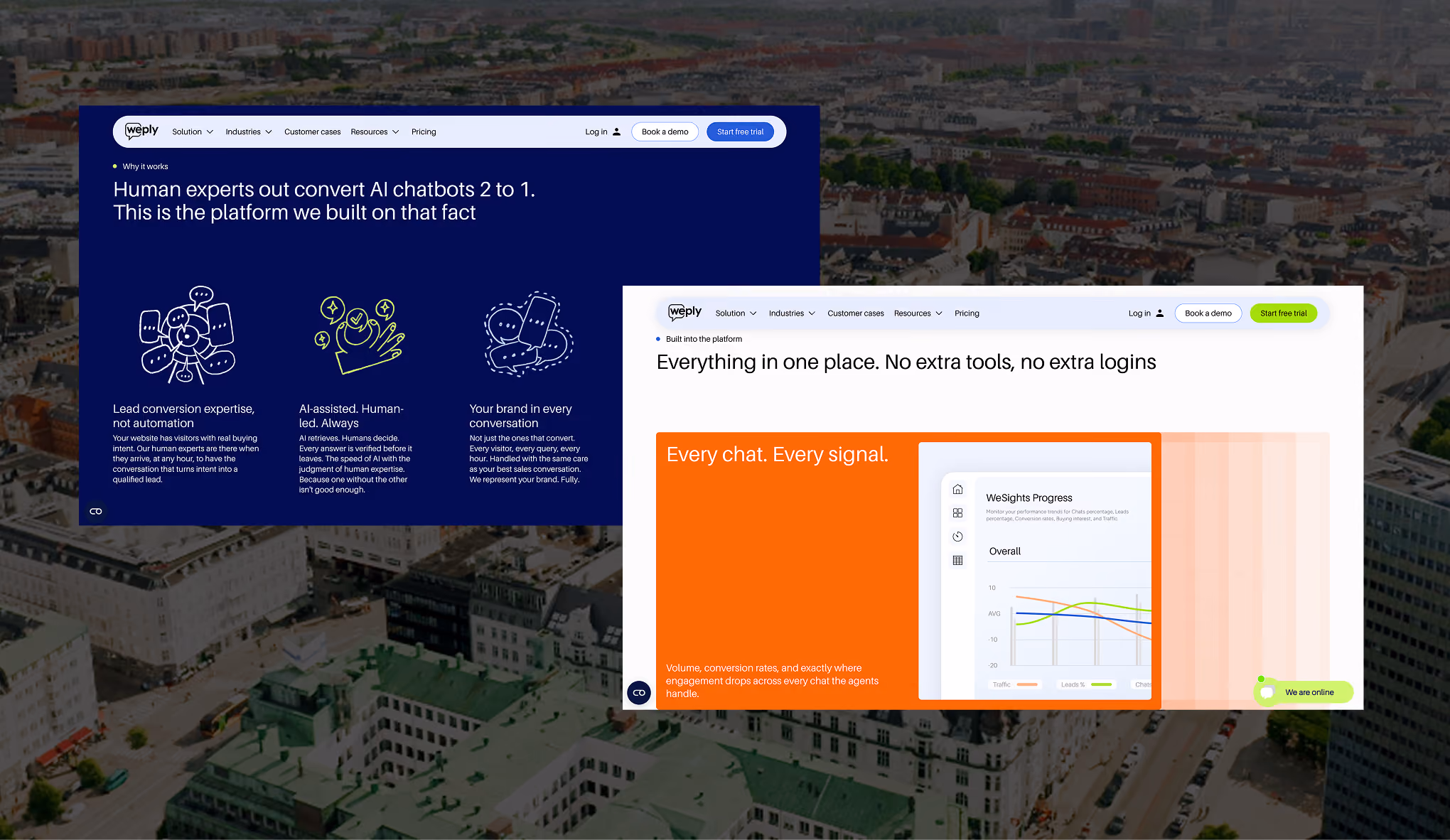 Weply desktop page designs combining human chat expertise, custom line illustrations and a WeSights analytics dashboard.
