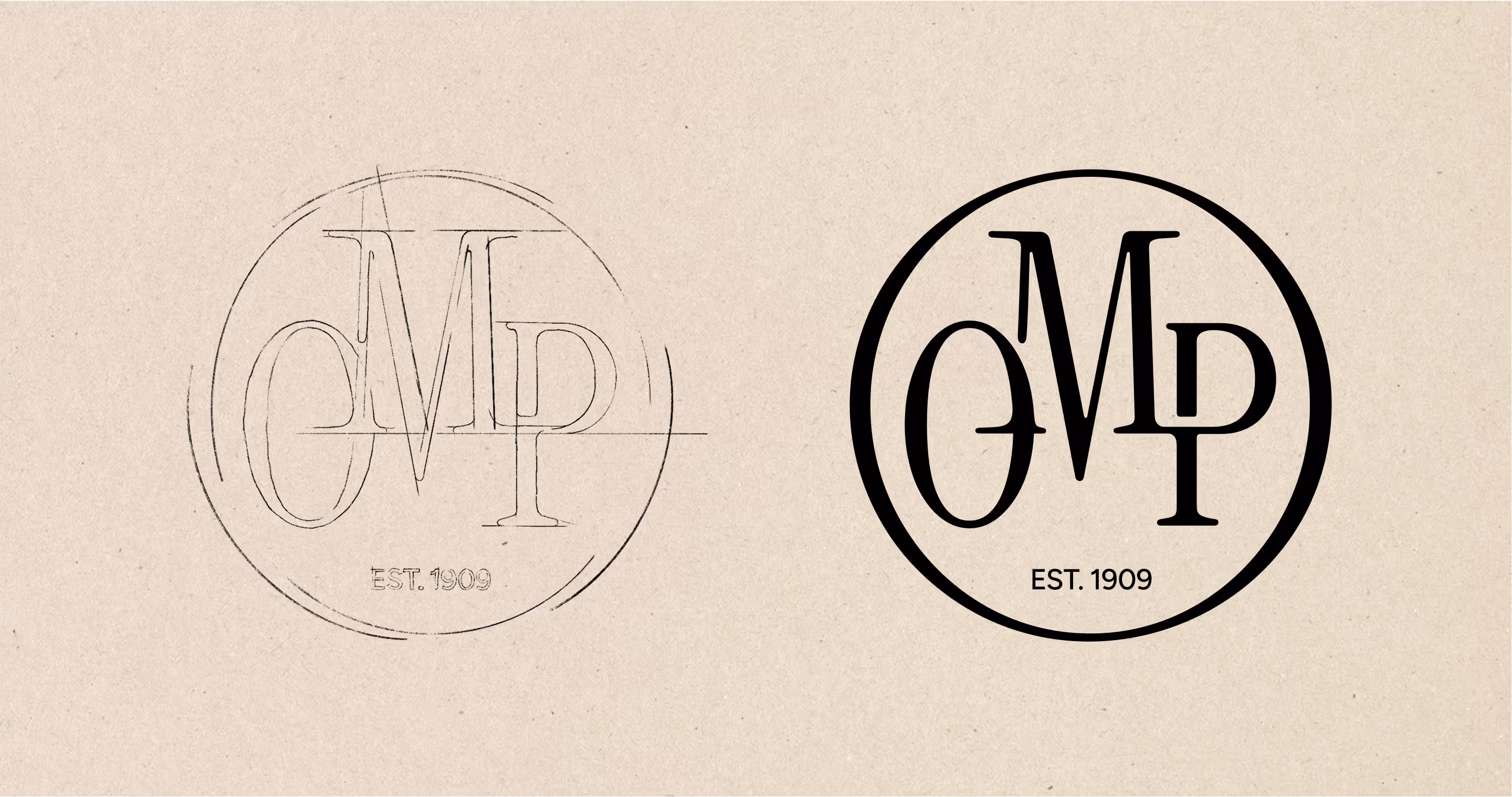 Pencil sketch and finished circular OMP monogram shown side by side.