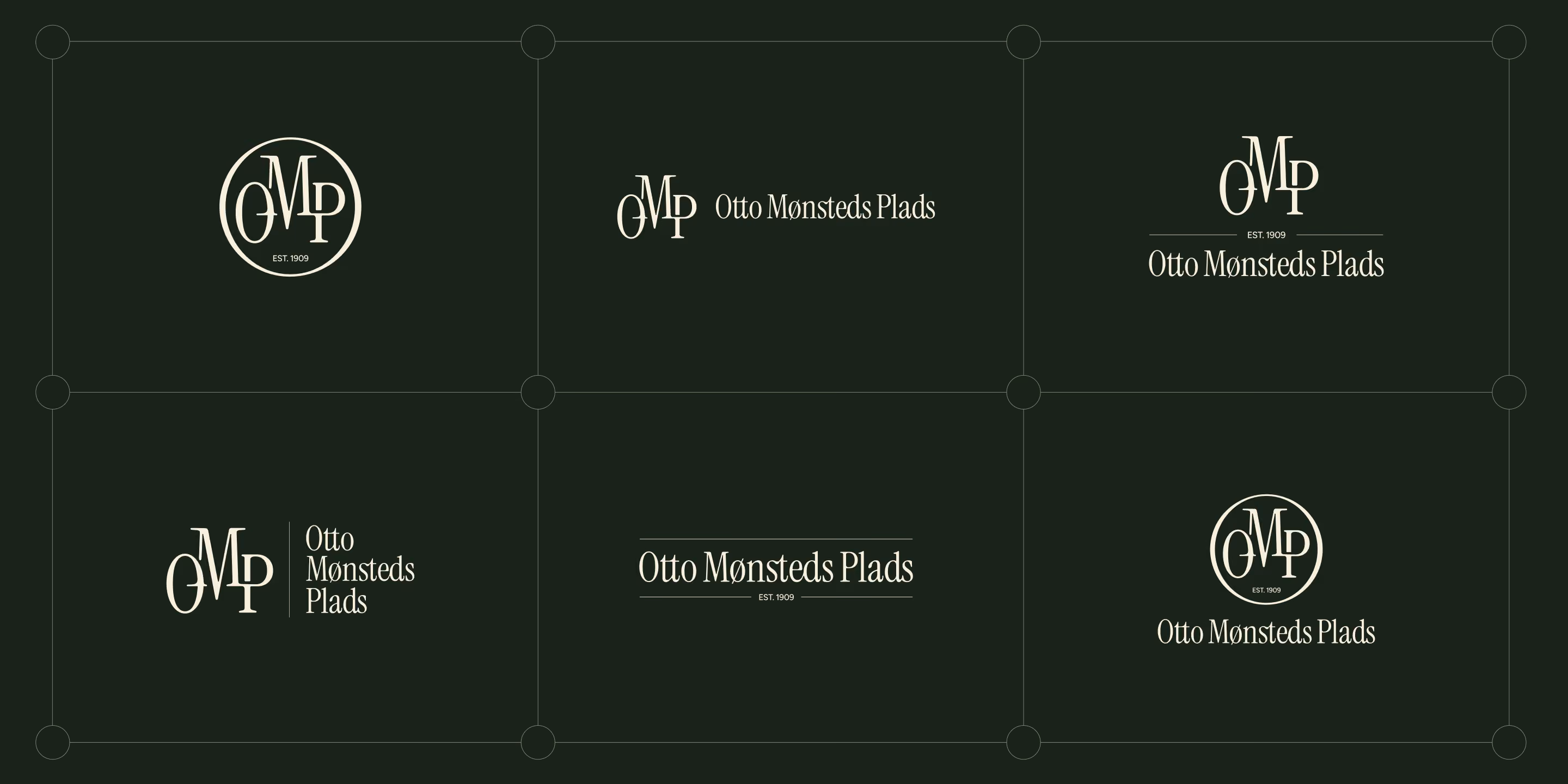 Otto Mønsteds Plads logo variations combining an interlocking OMP monogram, circular seal and serif wordmark on dark green.