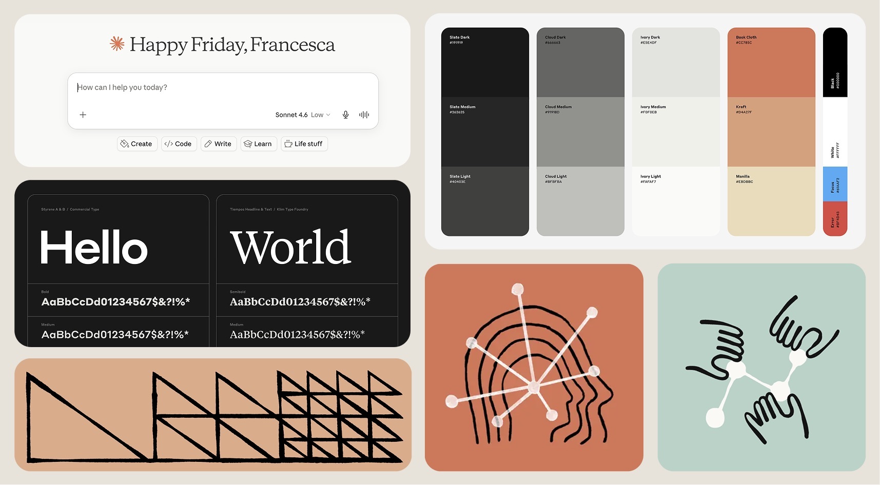 Claude interface and brand elements, including typography, muted colours and hand-drawn illustrations.