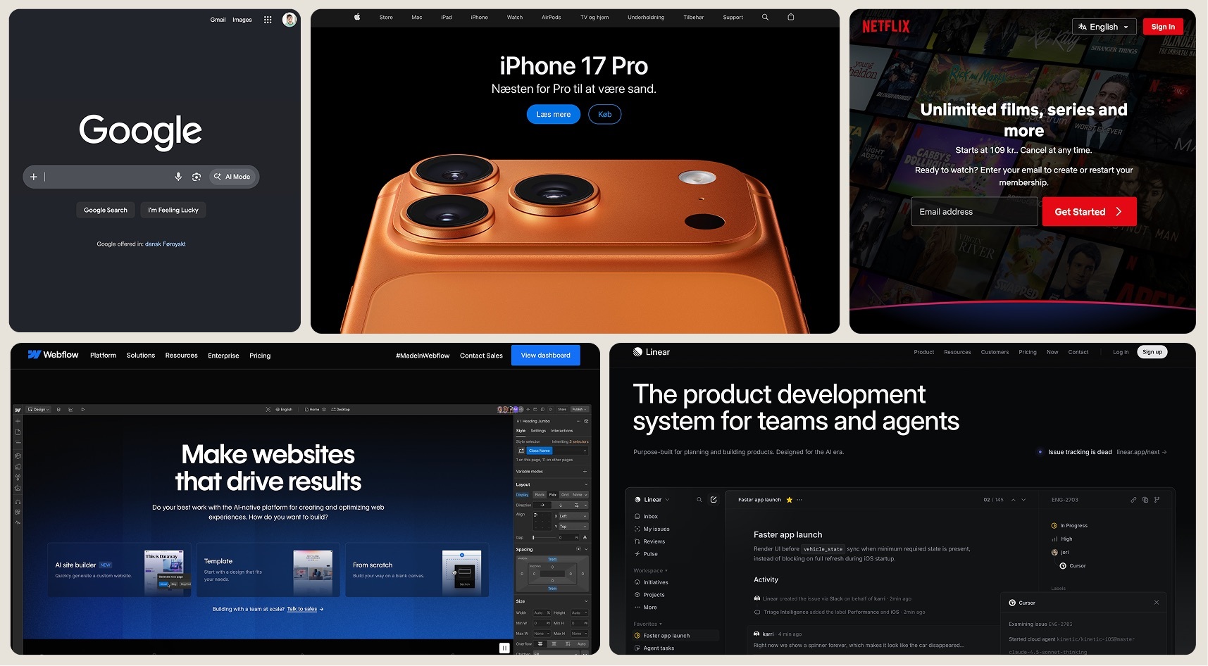 Homepage designs from Google, Apple, Netflix, Webflow and Linear.
