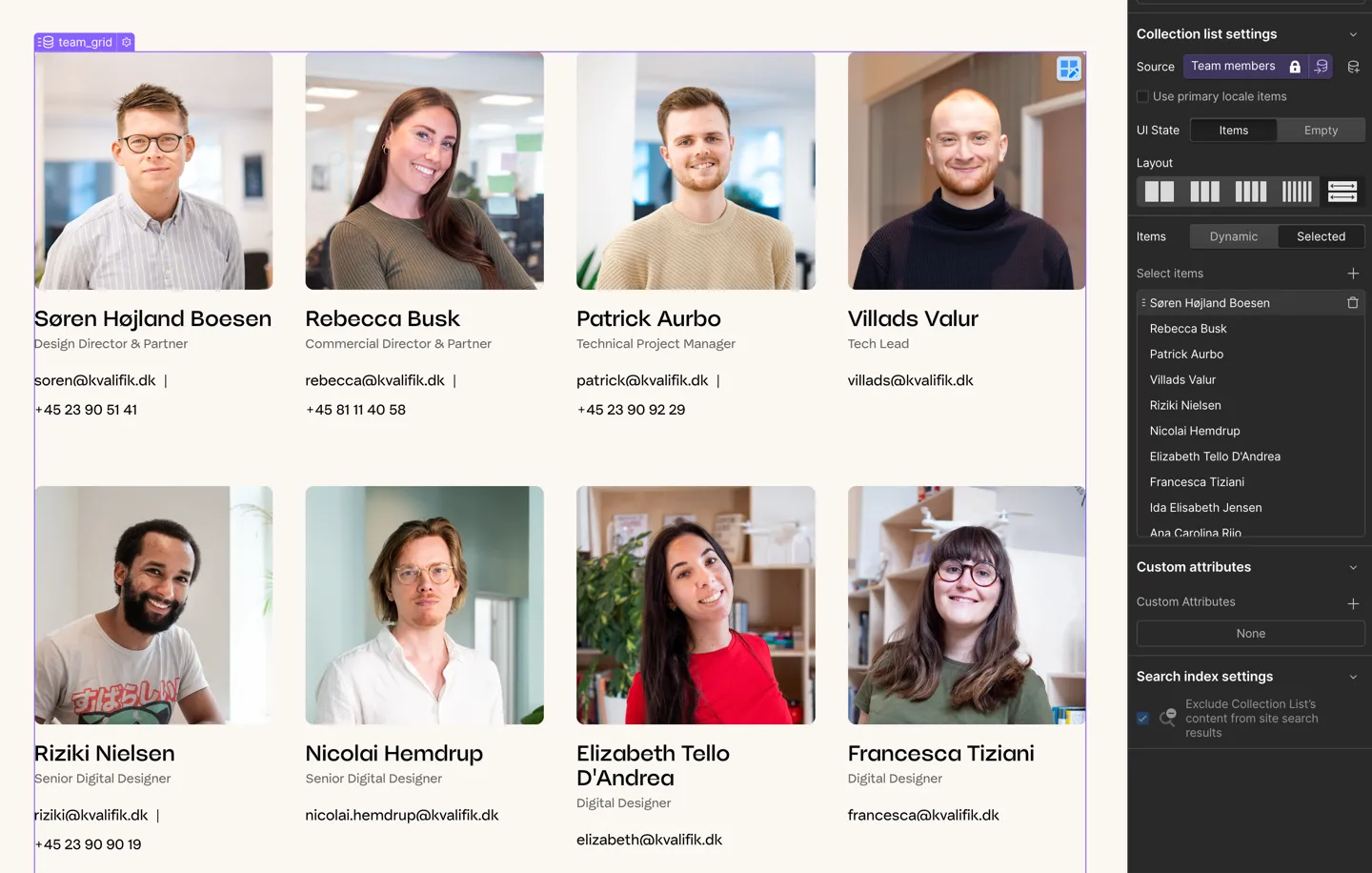 Teamgitter i Webflow med en manuelt sorteret liste af valgte CMS-elementer.