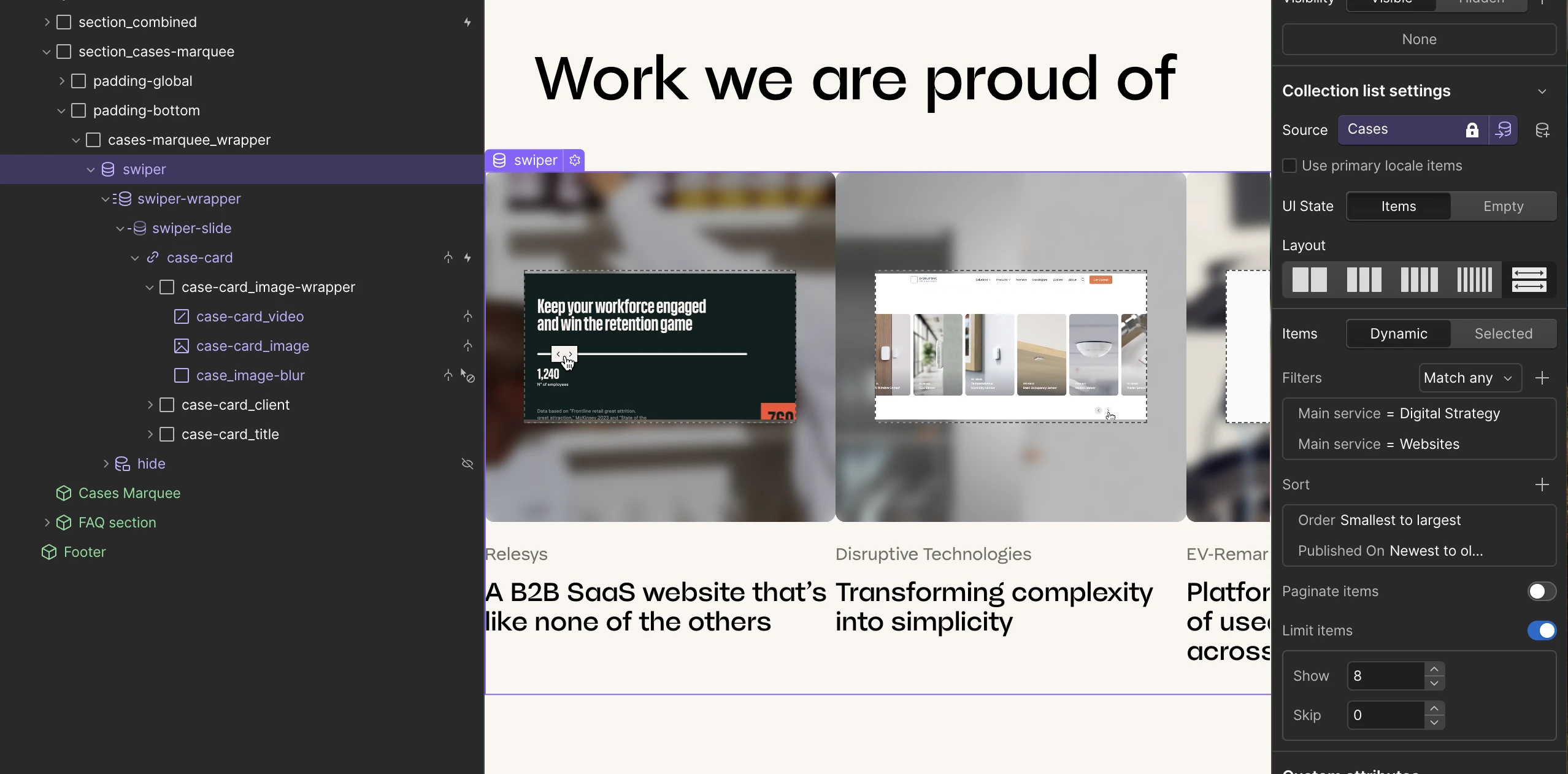 Webflow Designer viser en Cases-liste med indstillinger for filtrering og sortering.
