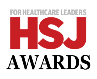 Logo for HSJ Awards with the tagline For Healthcare Leaders above the red letters HSJ and the word Awards below in black.