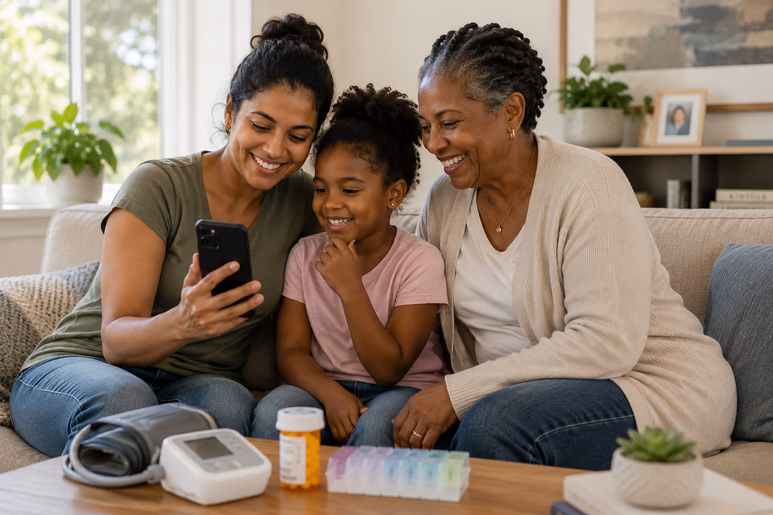 Three generations of women—an older woman, a young woman, and a girl—smiling and looking at a smartphone together on a beige couch with a blood pressure monitor, pill bottle, and weekly pill organizer on the table in front of them.