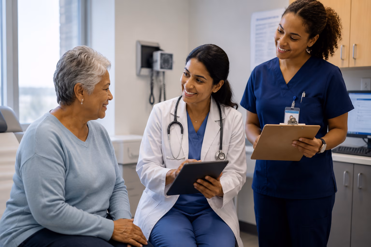 A female doctor in a white coat with a stethoscope talks and smiles with an elderly woman sitting on an exam table, while a nurse in blue scrubs holds a clipboard and stands nearby in a medical office.