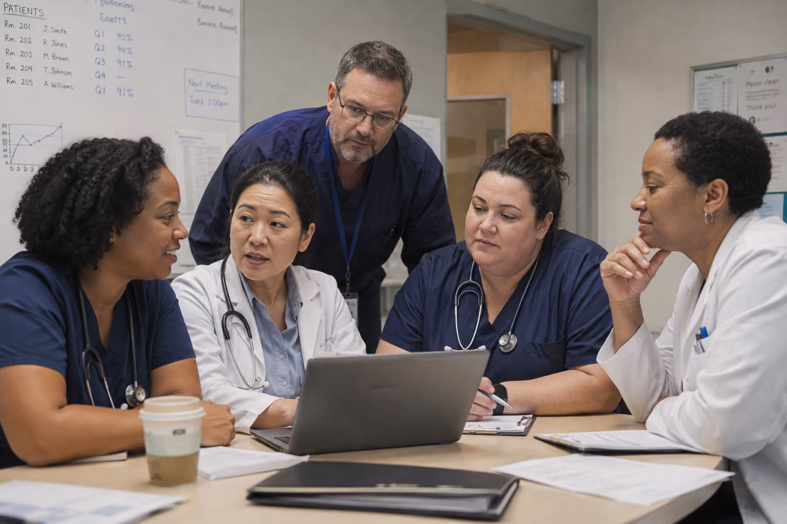 Five diverse healthcare professionals wearing scrubs and lab coats gathered around a table with a laptop, discussing and reviewing documents in a meeting room with whiteboards and notes on the walls.