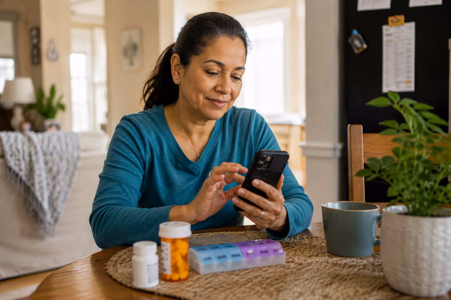 Woman sitting at a table with prescription pill bottles and a weekly pill organizer, using a smartphone with a slight smile in a warmly lit room.