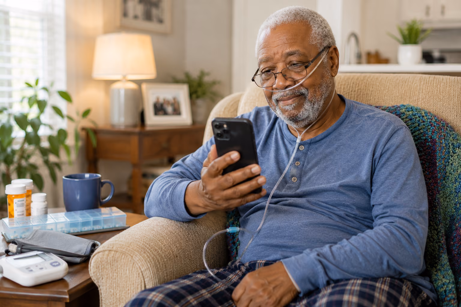 Elderly man sitting in a beige armchair using a smartphone while wearing an oxygen nasal cannula, with medication bottles, a pill organizer, a coffee mug, and a blood pressure monitor on a side table nearby in a cozy living room.