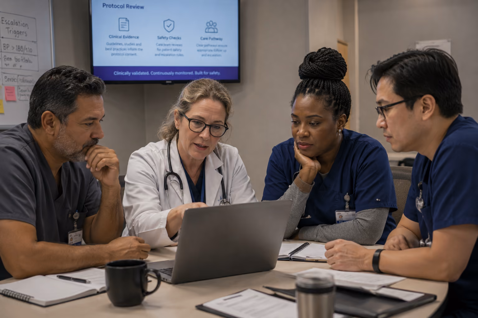 Four medical professionals, including a female doctor in a white coat and three colleagues in scrubs, sit at a table in a meeting room discussing and looking at a laptop, with notebooks and cups on the table and a screen in the background showing protocol review information.