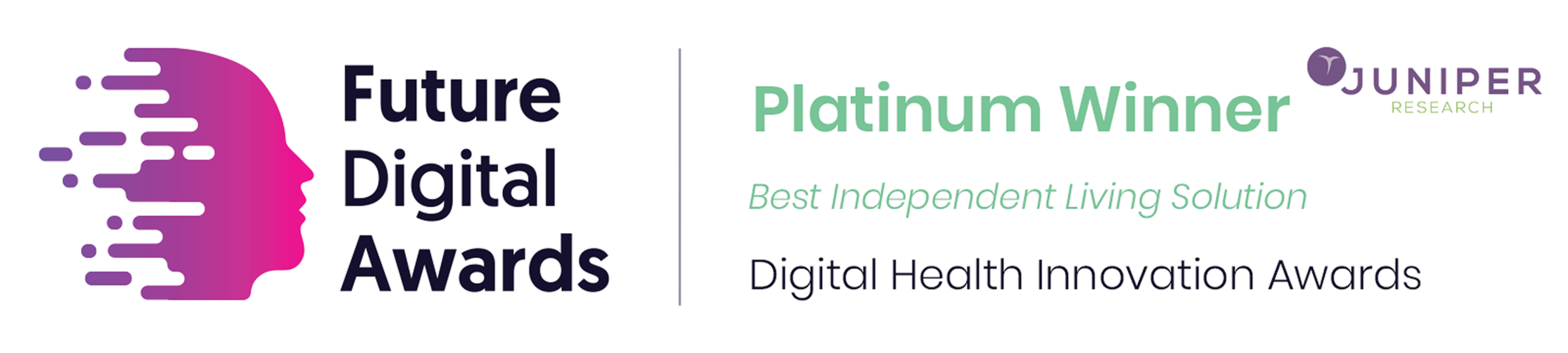 Future Digital Awards logo with a stylized pink human profile and text indicating Platinum Winner for Best Independent Living Solution in the Digital Health Innovation Awards by Juniper Research.