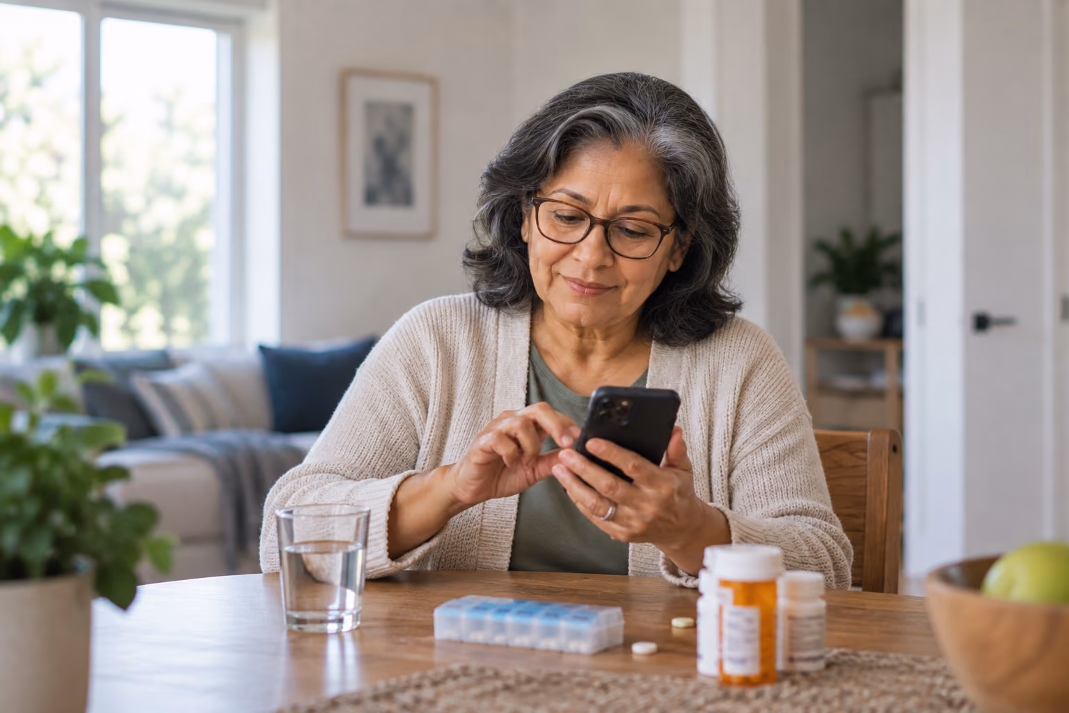 Middle-aged woman with glasses and gray hair sitting at a wooden table, looking at her smartphone, with medication bottles, a pill organizer, and a glass of water in front of her.