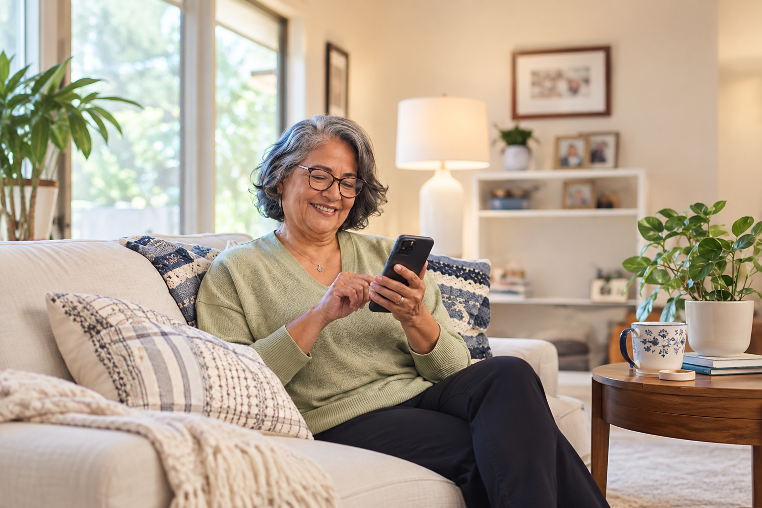 Person on their phone during a two-way SMS care check-in