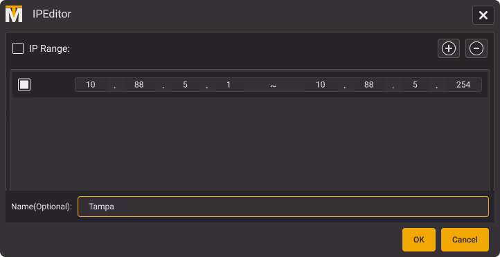 MARATools IP Editor modal window for configuring custom network IP address ranges and location labels.
