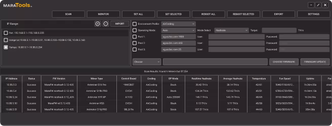 Full MARATools software interface displaying network IP scanning, global batch configuration options, and a fleet management status table.