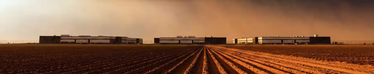 Expansive low-rise modern data center facility in the distance behind freshly plowed agricultural fields beneath dramatic storm clouds.