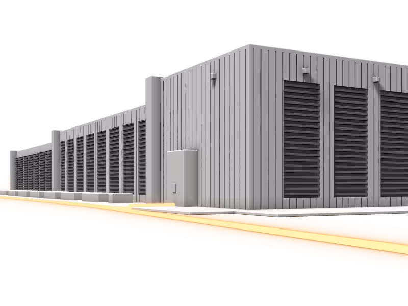 3D render of a modular data hall exterior with louvred cooling vents along the walls and a glowing power line running alongside it.