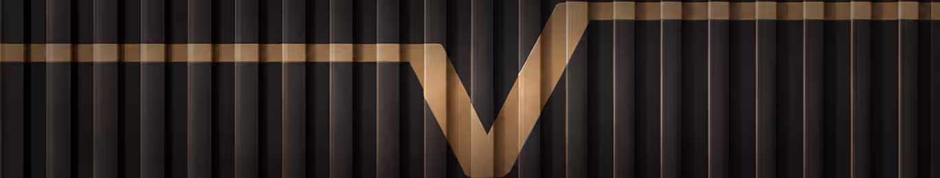 Close-up of a dark corrugated container wall with the gold Vertebrai V mark running across it.