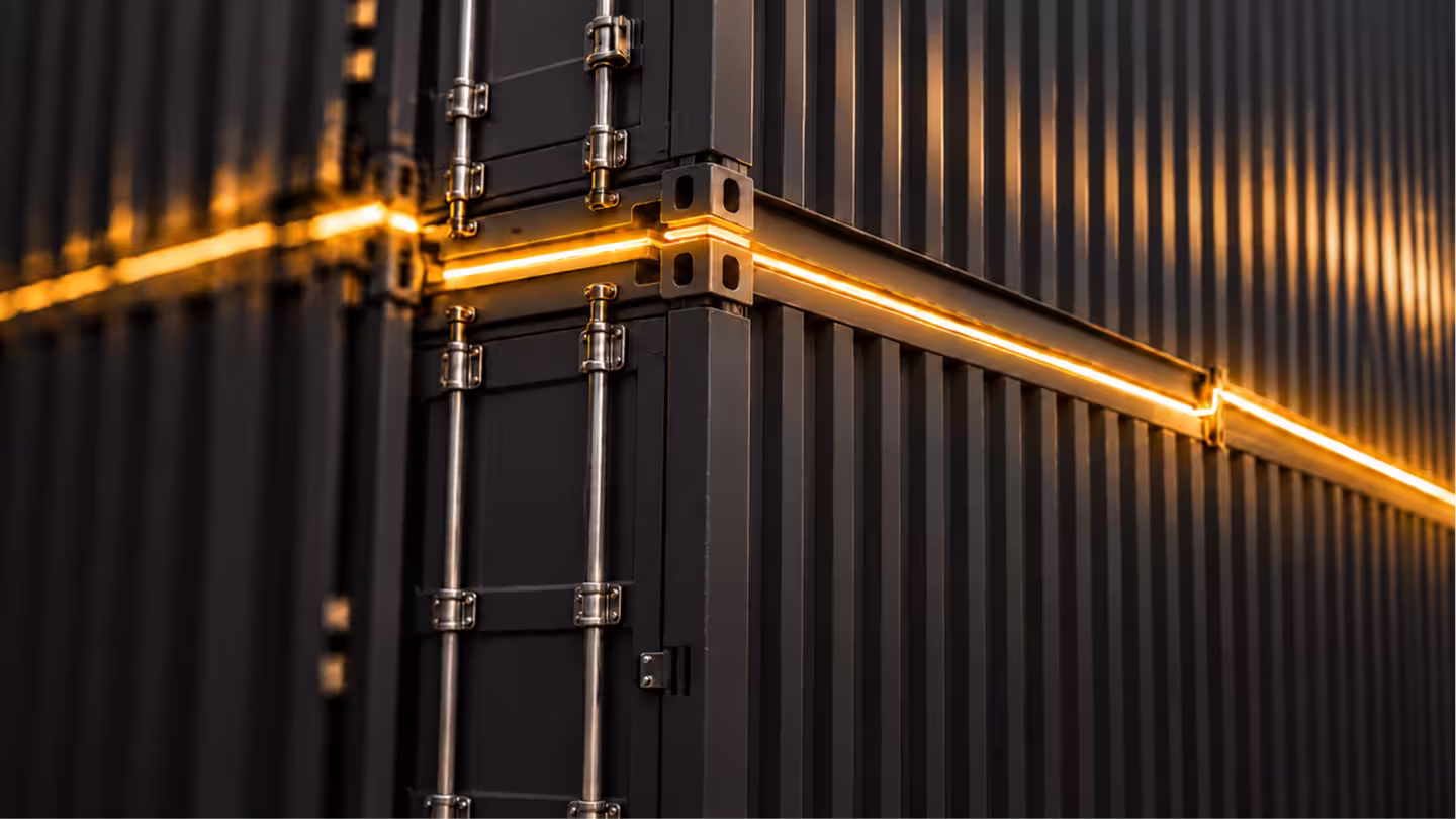 Close-up of stacked dark Vertebrai containers with a glowing gold power line running along the seam between them.