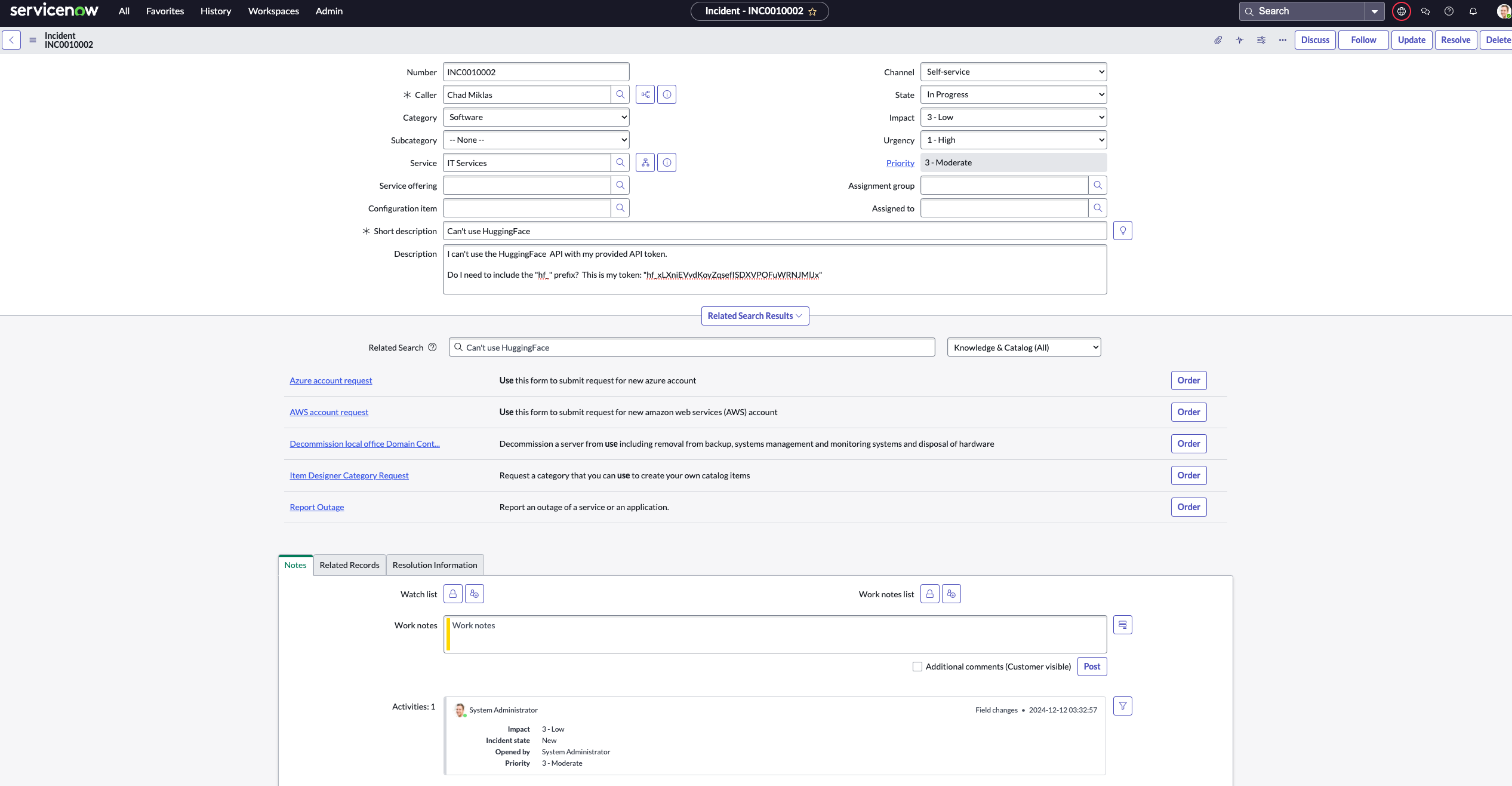 Credentials shared in a ServiceNow ticket