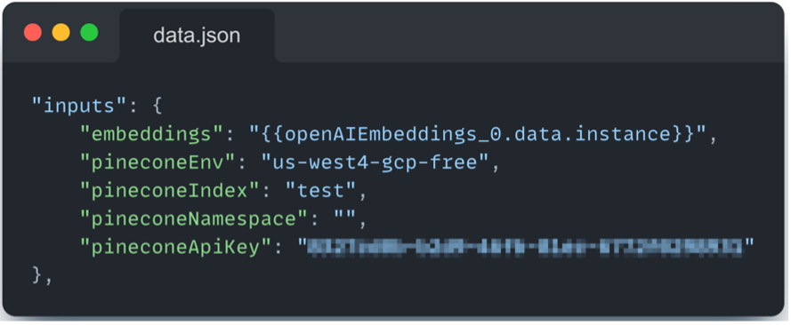 Pinecone API key hardcoded in a Flowise flow configuration
