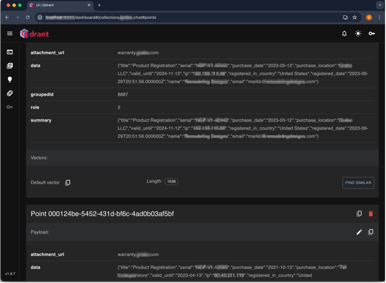 Exposed Qdrant database with customer personal details and purchase information