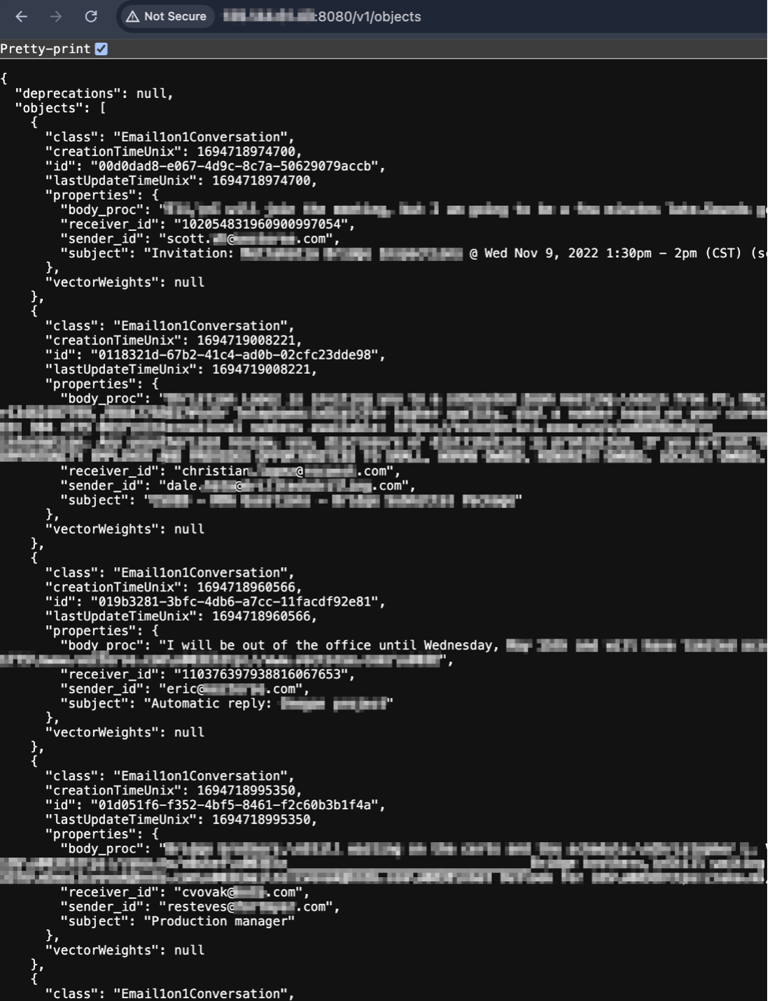 Exposed Weaviate vector database containing private email conversations